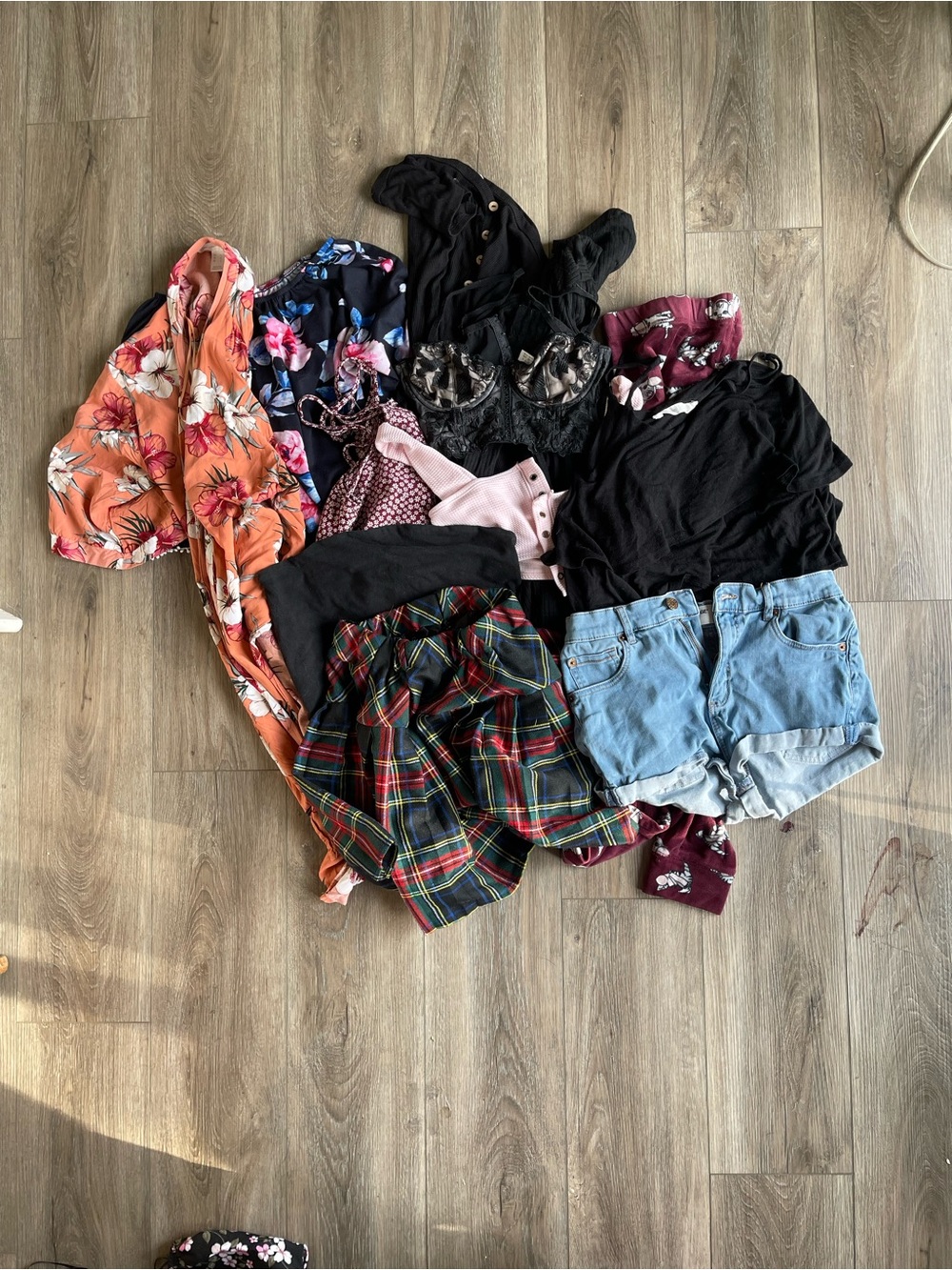 Mixed Women's Clothing Bundle — Floral, Plaid & Denim